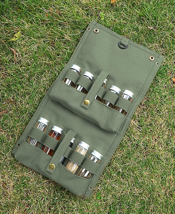 Travel Spice Kit, Portable Spice Bag with 10 Spice Jars, Canvas Seasoning Storage Bag Organizer, Seasoning Bottle Holder with Mini Condiment Bottle, Condiment Container Set for Camping BBQ(Green)