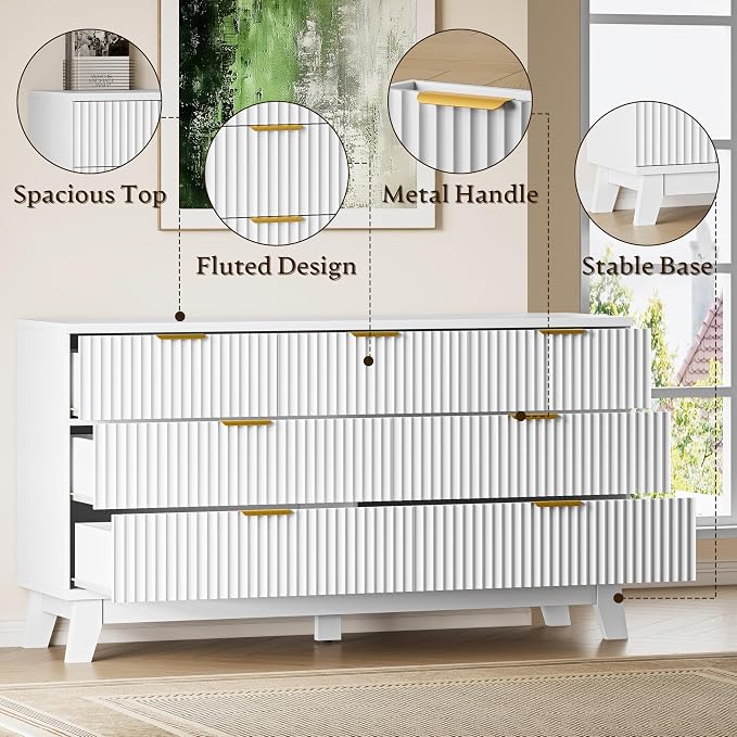 BORNOON Fluted 7 Drawer Dresser, 47.2" Wide Modern Boho Chest of Drawers, Wooden Storage Dresser TV Stand for Bedroom, Living Room, Closet, Hallway, Curved Profile Design