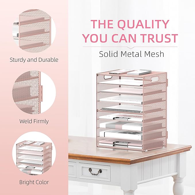 DALTACK 9-Tier Paper Organizer for Desk, Mesh Letter Tray Desk Organizer with Handles, Space-Saving File Organizer for Office Home School, Pink 2 Pack