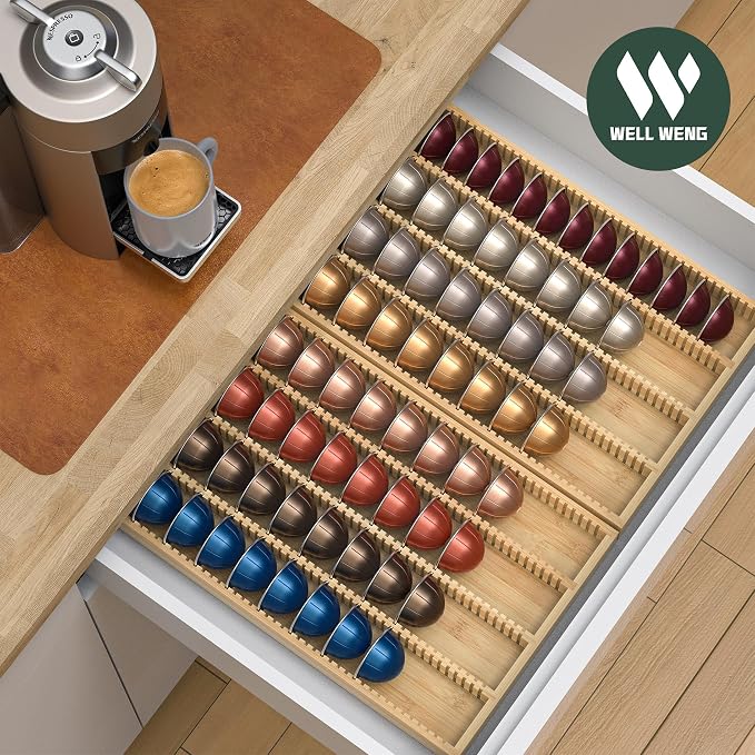 for Nespresso Vertuo Capsules Bamboo Coffee Pod Drawer Organizer | 15"Dx10"Wx1.5"H 40 Big or 52 Small Pods Holder for Counter