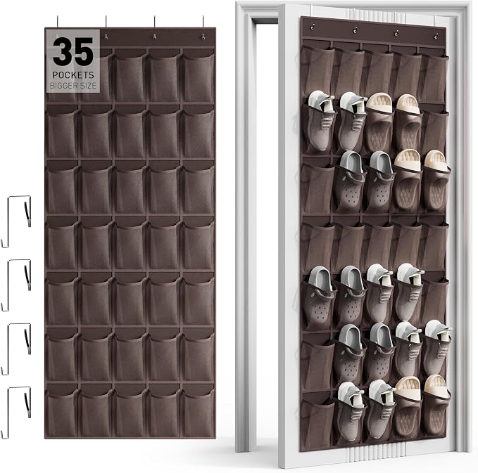 WVM Over the Door Shoe Organizer with 35 Breathable Mesh Pockets, Hanging Shoe Organizer for Door with 4 Metal Hooks, Large Capacity Closet Storage for Shoes, Accessories