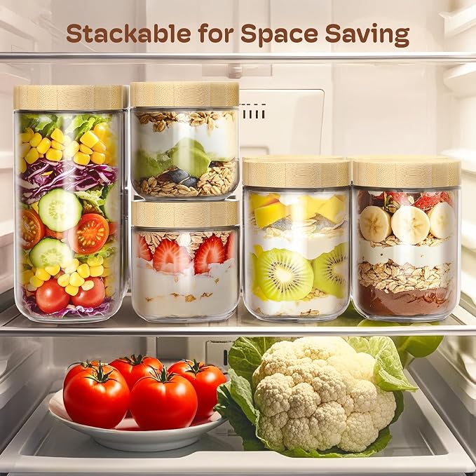 10 oz Overnight Oats Containers with Bamboo Lids, Glass Mason Jars 2 Pack | Airtight Seal Keeps Leakproof, Wide Mouth for Easy Filling & Cleaning, Ideal for Chia Pudding, Yogurt Parfaits & Meal Prep