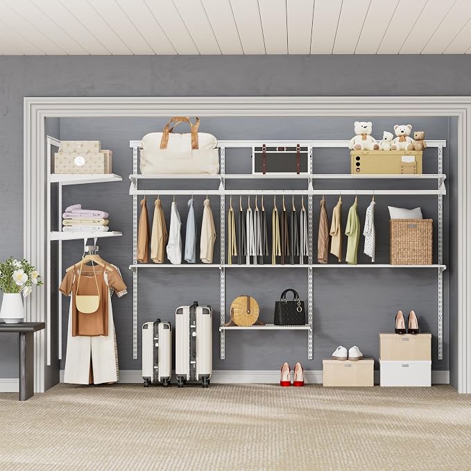 Closet System Wall Mounted 4-9.5 Ft, Heavy Duty Adjustable Wire Shelving with Hanging Rod, Custom Organizer Kit for Bedroom Laundry Mudroom, White