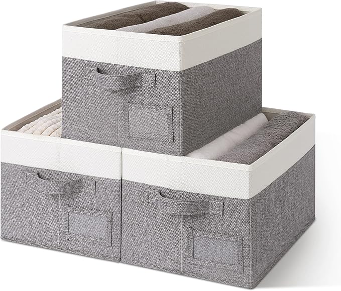 GRANNY SAYS Fabric Storage Bins, Closet Storage Bins for Clothes, Shelf Storage Baskets with Handles, Collapsible Storage Boxes, Decorative Storage Containers, Gray&White, Medium, 3-Pack