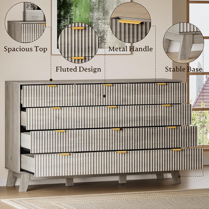 BORNOON 57" Wide Dresser for Bedroom, 12-Drawer Fluted Dresser with Metal Handles, Wood Chest of Drawers with Smooth Slides and Stable Base, Modern Storage Cabinet for Living Room, Nursery