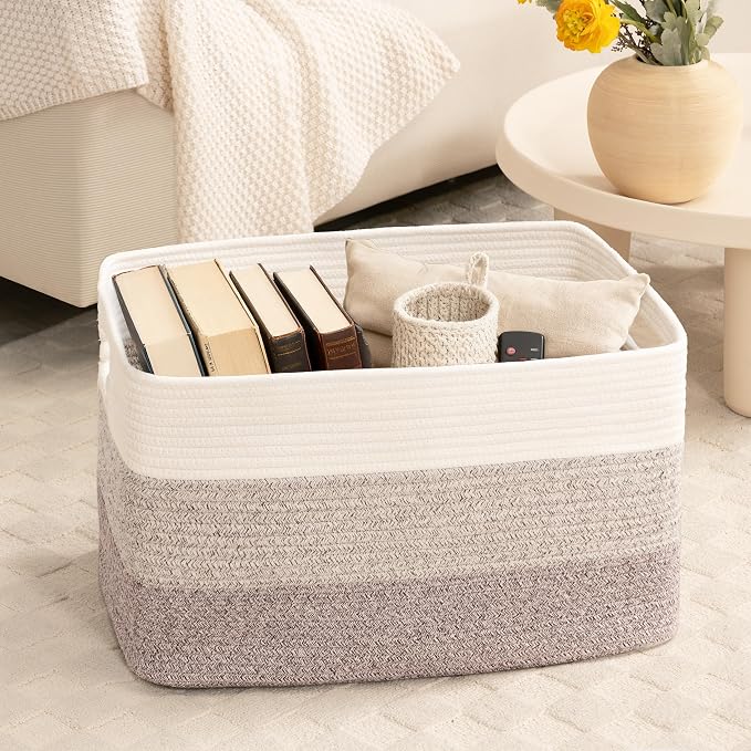 86L Large Woven Laundry Basket Hamper with Handles, Gradient Brown | 24"x16"x14", collapsible wicker hamper, storage for dirty clothes, toys, blankets, gifts, living room, bedroom, bathroom