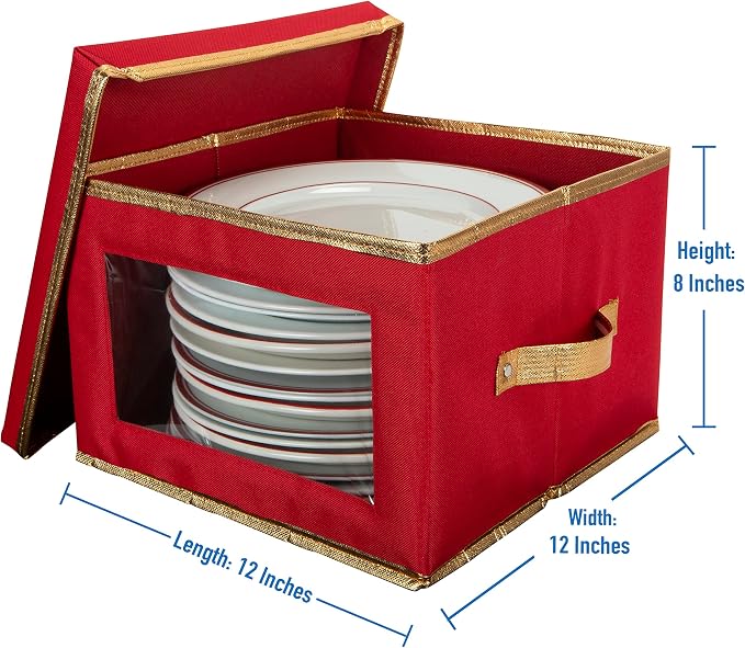Simplify Holiday Dinner Plate Dinnerware Storage Box | 12.2 Inch | Christmas China | 12 Felt Dividers | Tableware Setting | Red