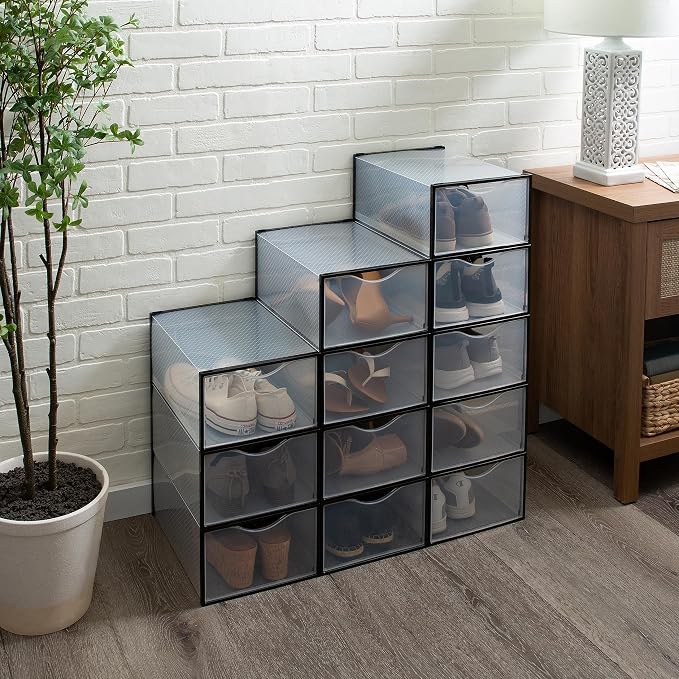Simplify Set of 12 Stackable Shoe Boxes | Customizable | Fits Size 11 Shoes | Drop Front Design | Closet Storage | Sneakers | Heels | Clear and Black