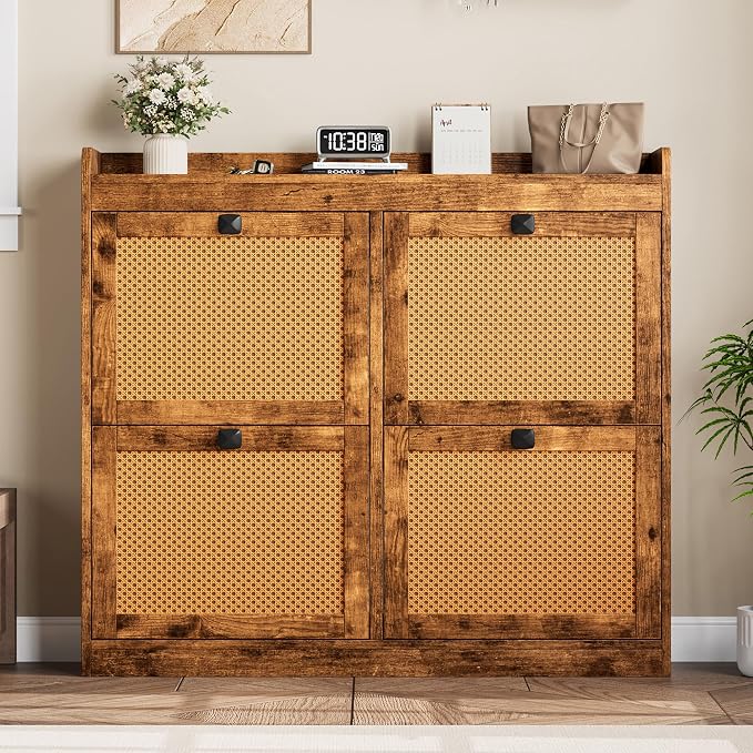 Garvee Shoe Storage Cabinet with 4 Deep Flip Drawers, Wood Shoe Cabinet with Rattan Doors and Adjustable Shelves- Freestanding Shoe Organizer for Entryway, Hallway (Brown, 4 Drawers- 2PCS)