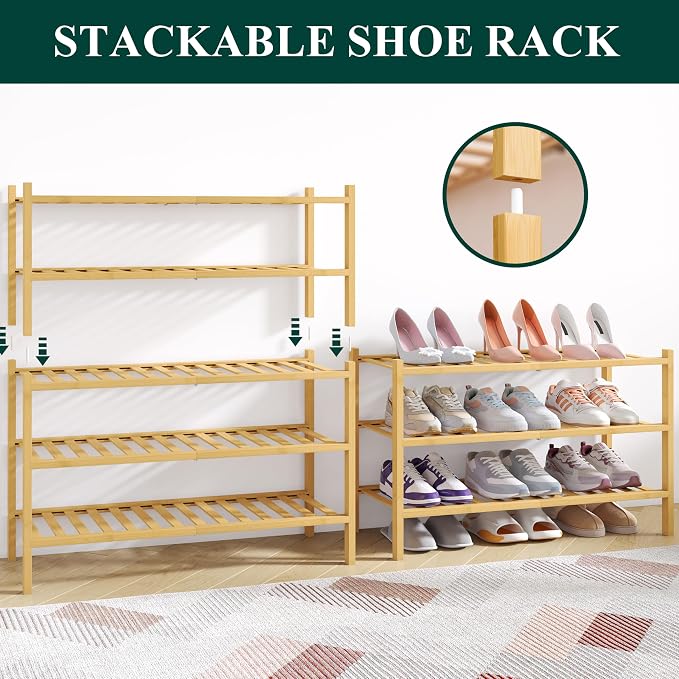 Smiry Bamboo Shoe Rack for Closet, 5 Tier Wooden Shoe Organizer, Stackable Wood Shoe Storage Shelf for Entryway, 14 Vertical Slats, 2+3 Stack Heavy-Duty Legs, 26.77"x11.02"x31.3", Natural