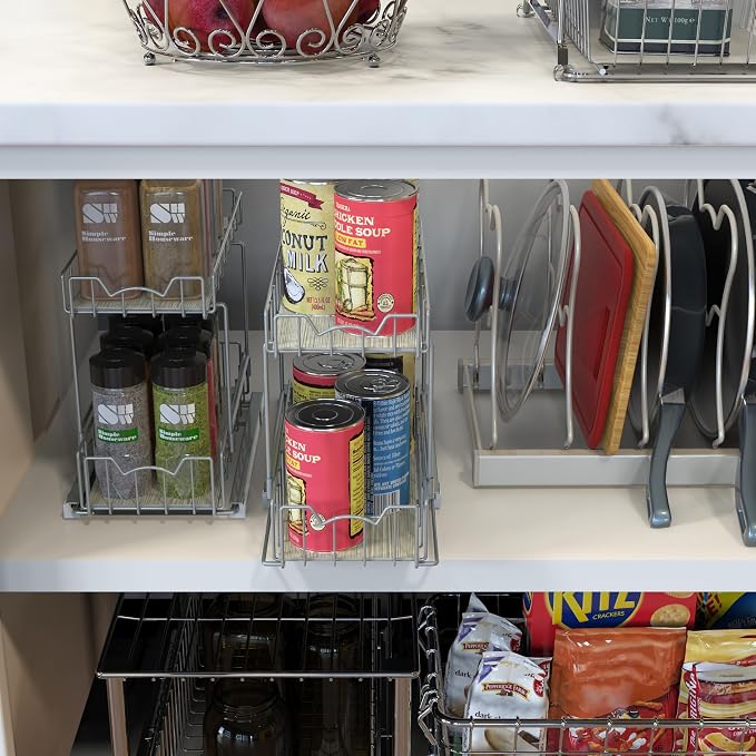 Simple Houseware 2-Tier Spice Rack Slide Out Wire Basket Drawer, Silver | 2-Tier Spice Rack Slide Out Wire Basket Drawer Organizer