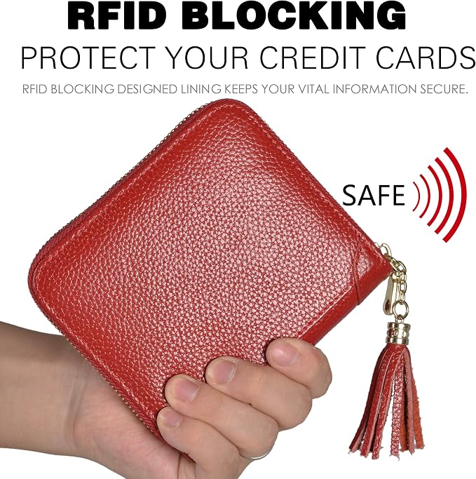 Easyoulife Womens Credit Card Holder Wallet Zip Leather Card Case RFID Blocking (Red)