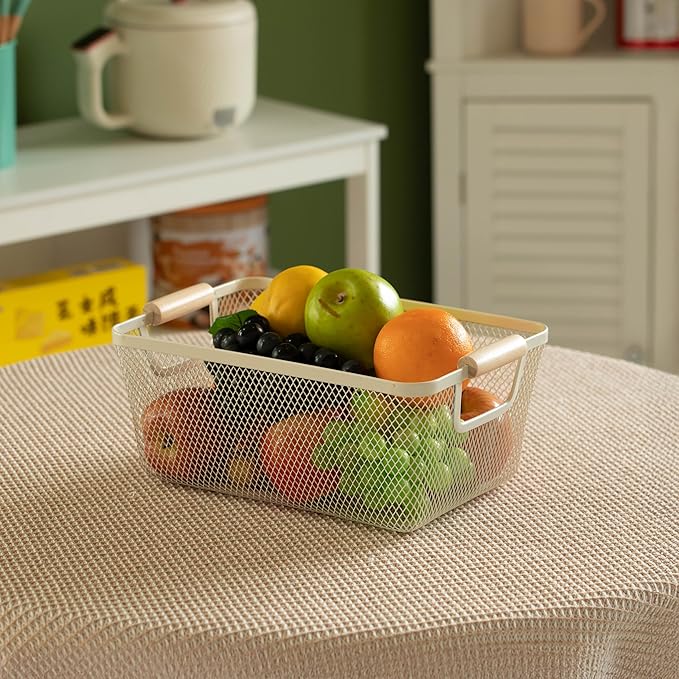 Basicwise Multipurpose Metal Mesh Basket w/Wooden Handle Storage Organizer for Kitchen Pantry Bathroom Cabinet Closet Countertop Fruit Holder Picnic Food and Beverages Carrier and Home Decor, Medium
