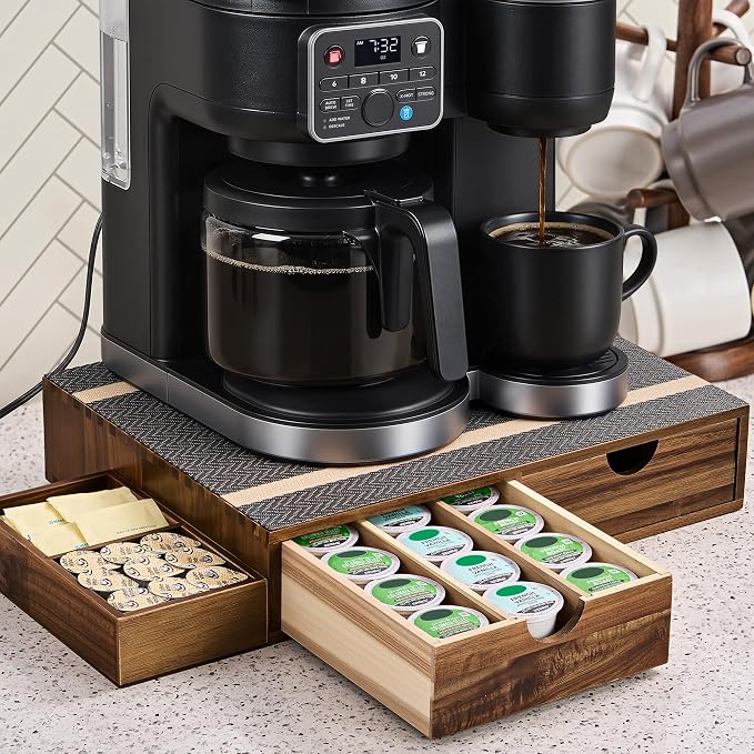 SMARTAKE Acacia Wooden K Cup Organizer Coffee Pod Storage Box | Coffee Pod Tea Organizer, K Pod Drawer Coffee Maker Stand, Kcup Holder for Countertop Kitchen Office Coffee Bar
