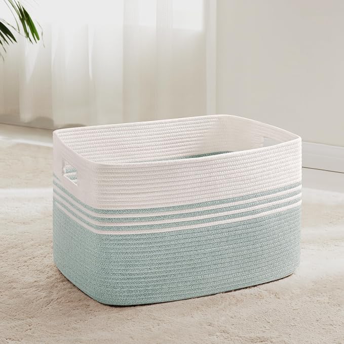 60L Woven Laundry Basket Hamper with Handles, Green | 21"x15"x11", collapsible wicker hamper, storage for dirty clothes, toys, blankets, gifts, living room, bedroom, bathroom