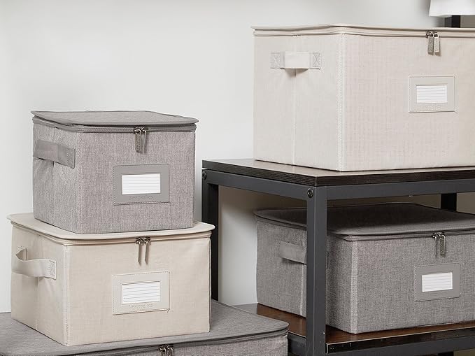 Covermates Keepsakes Zip-Top Storage Box Set, 3 Pack Heavy Duty Polyester Organizer Bins, Stackable Design, ID Window, Reinforced Handles, Closet Home Storage, Grey Heather