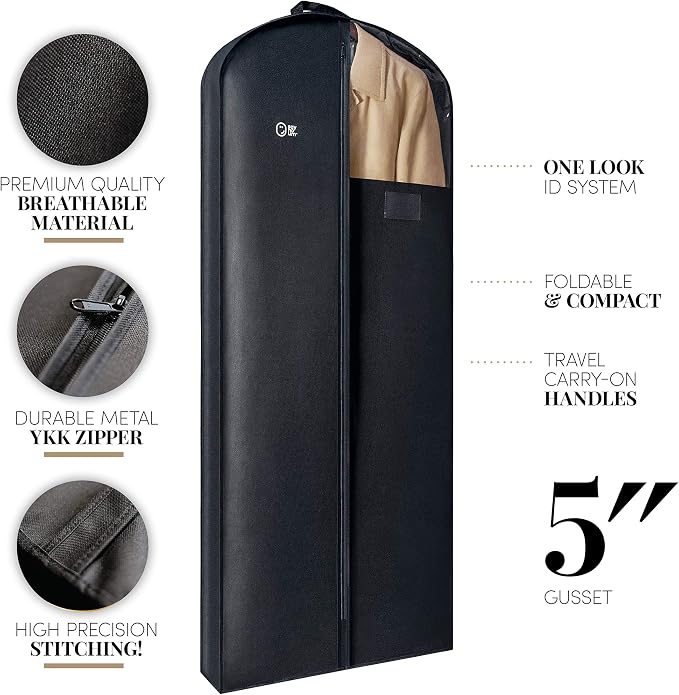 Luxury Storage Garment Bag for Long Coat, Fur, Mink, Gown, Vestment and Choir Robe | 60 Inch + 5 Inch Gusset Cover | Heavy Duty, Hanging, Breathable, Foldable Travel and Wardrobe Clothes Protector