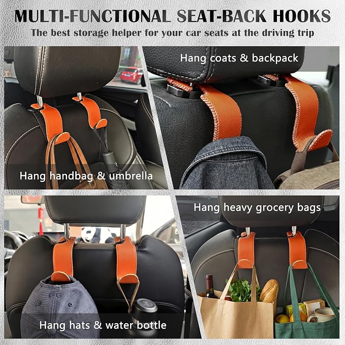 Amooca Car Seat Headrest Hook Universal Vehicle Storage Hanger Leather with Metal Car Seat Back Organizer for Handbag Purse Coat Orange 4 Pack