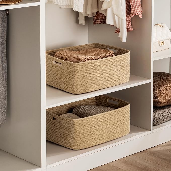 2 Pack Storage Baskets for Organizing, Large Woven Storage Basket, Brown | 17"L x 13"W x 7.5"H, Cotton Rope Basket, Toy Storage, Cube Shelf, Closet Shelf Organizer, Clothes Storage, Home Decor