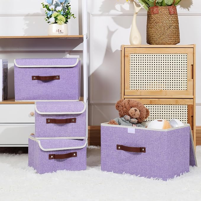 ANMINY 4PCS Storage Bin with Lid Storage Boxes with PU Leather Handles PP Plastic Board Decorative Foldable Lidded Cotton Linen Fabric Home Cubes Baskets Closet Organizer Container - Purple, Medium