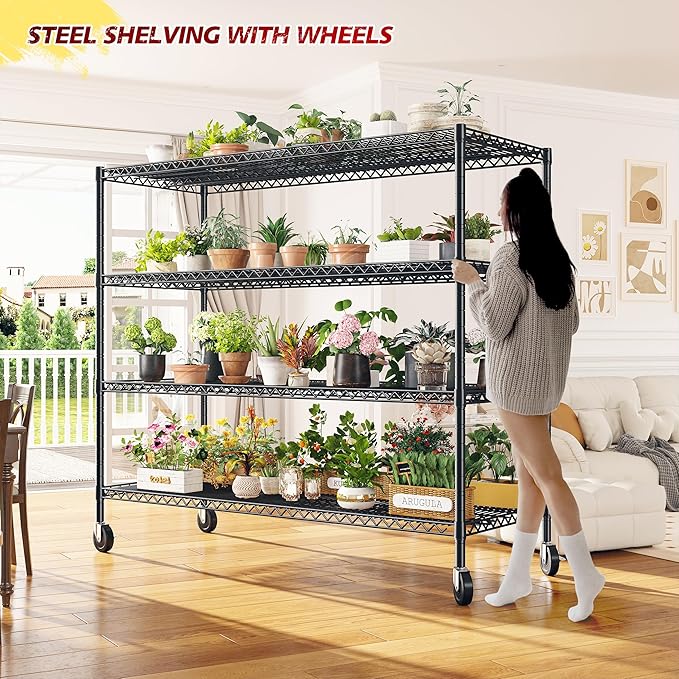 REIBII 55.52''W Storage Shelves 2480LBS Wire Shelving Unit with Wheels Heavy Duty Metal Shelves for Storage Adjustable Garage Storage Rack Kitchen Shelving,75.62" H X 55.52''W X 24.02" D,4PCS