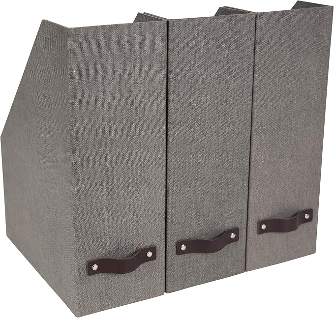 Bigso Box of Sweden Estelle Canvas Fiberboard Upright Magazine Storage Box Organizer for Papers & Catalogs w/Leather Handle | Magazine File Holder for Office Desks | 12.6" x 4.5" x 9.8" | Gray