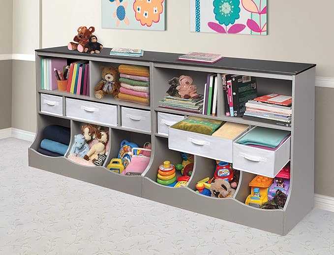 Badger Basket Combo Toy Storage Organizer and Bookshelf - Kids Storage Unit with 3 Removable Baskets, Open Shelves, Top Display Surface - Woodgrain and Gray