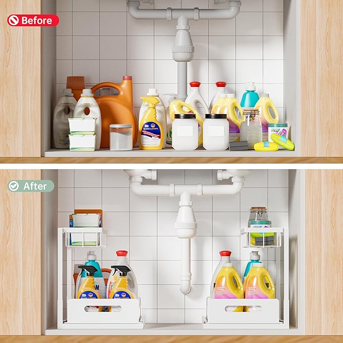VUSIGN Under Kitchen Sink Organizer 2 Tier, Pull Out Bathroom Sink Organizers and Storage, Cabinet Kitchen Bathroom Storage Organization Shelf, 1 Pack White