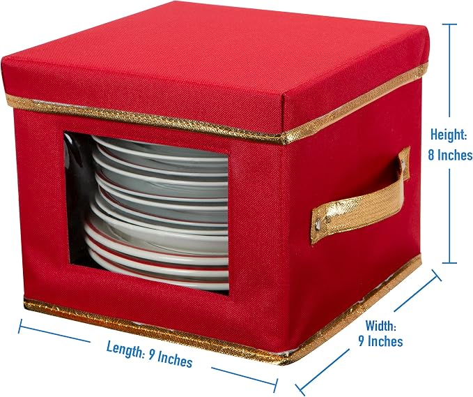 Simplify Holiday Salad Plate Dinnerware Storage Box | 9.45 Inch | Christmas China | 12 Felt Dividers | Tableware Setting | Red