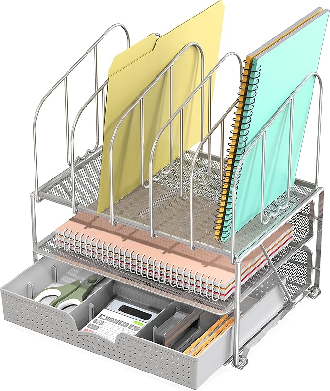 Deco Brothers Desk File Organizer with Letter Tray and 5 Upright File Stand, Silver