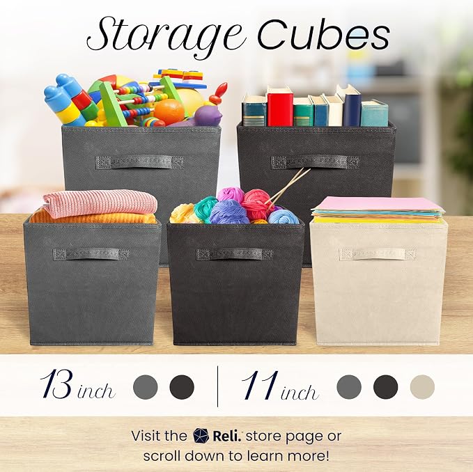 Reli. 13x13x13 Storage Cube Bins (4 Pack) | Dark Gray | Fabric Cube Storage Organizer | 13x13 Collapsible, Foldable Fabric Cubby Box (Square) | Bedroom, Office, Home Organization