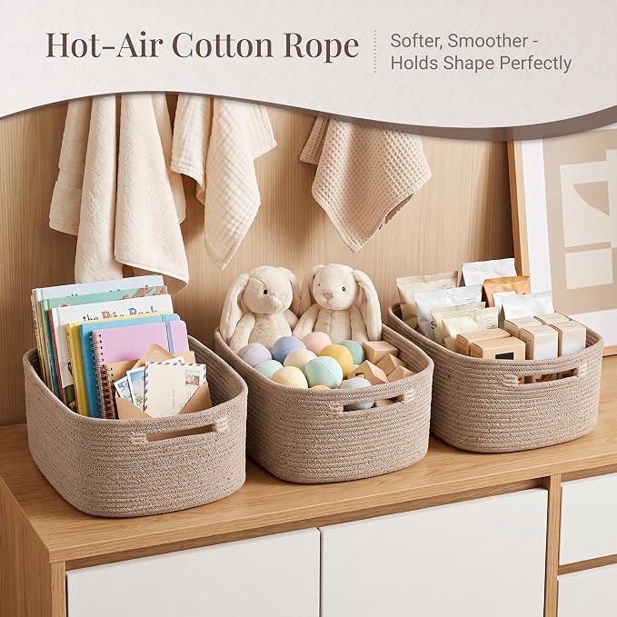 5-Pack Large Woven Rope Storage Baskets, 2 Sizes Organizer Bins | Fabric Cube Boxes and Rectangular Shallow Bins for Closet, Shelf, Bookshelf, Nursery, Changing Table, Bathroom, Toys & Home