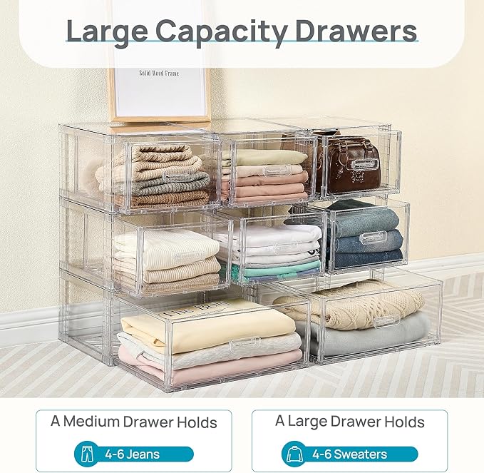 Vtopmart 2 Pack 18QT Clear Stackable Storage Drawers,Easily Assemble Closet Organizers,Plastic Storage Bins for Bathroom,Cabinet,Kitchen Pantry,Under Sink Organization(Medium)