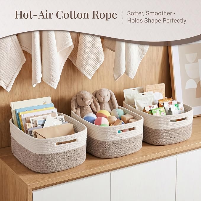 5-Pack Large Woven Rope Storage Baskets, 2 Sizes Organizer Bins | Fabric Cube Boxes and Rectangular Shallow Bins for Closet, Shelf, Bookshelf, Nursery, Changing Table, Bathroom, Toys & Home