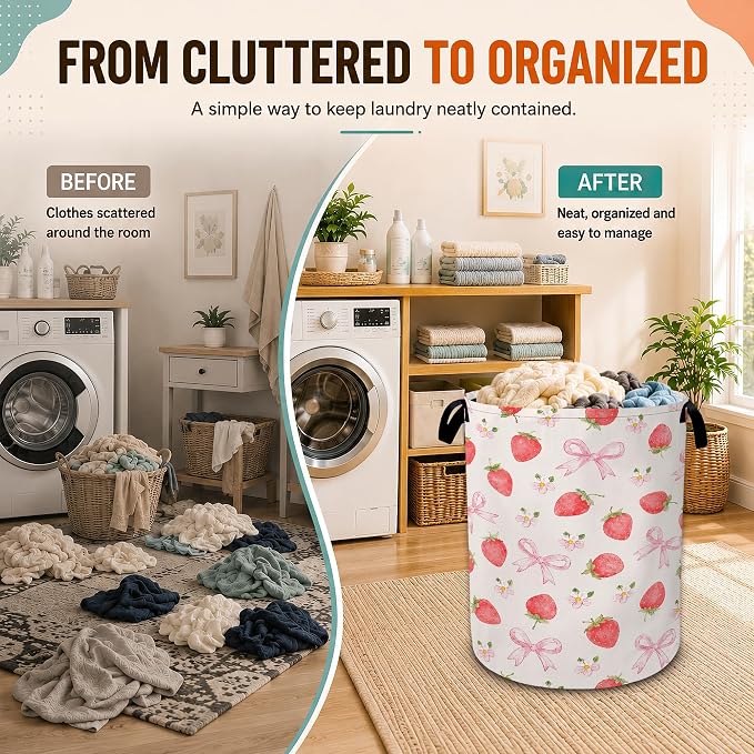 Strawberry Laundry Basket,Pink Bow Flower Foldable Oxford Laundry Hamper with Handles,Collapsible Clothes Storage Bucket Tote Bag for Laundry Room,Bathroom,Bedroom,Dorm