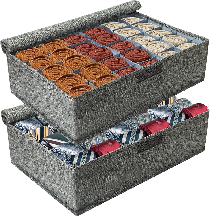 PINGMIC Gray Sock Organizer Divider 2 Pack with Lid - 30 Cell Foldable Closet Storage, Tie Organizer For Men Boxes for Socks, Ties, Belts