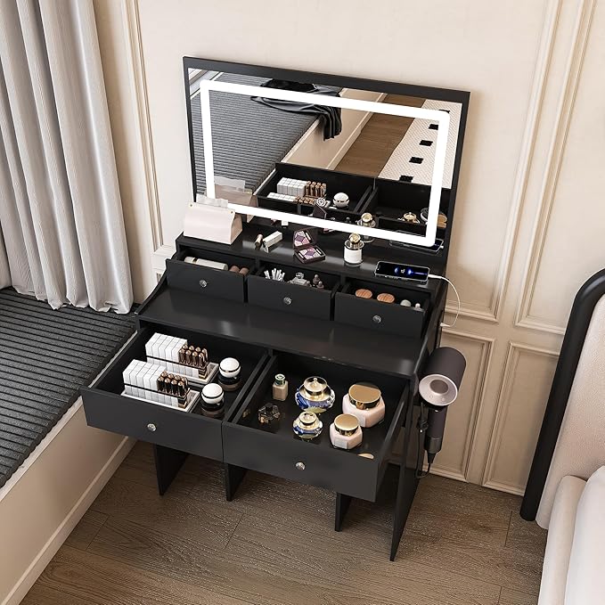 Small Vanity Desk with Mirror and Lights, Makeup Vanity Table with Large Mirror & 5 Drawers & Stool & Hair Dryer Holder, Dressing Table Set for Bedroom, Brightness Adjustable