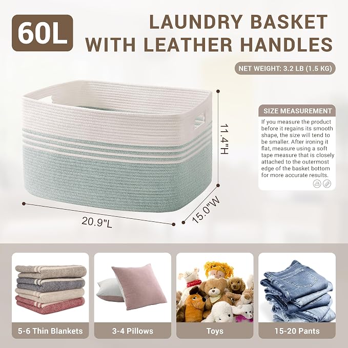 60L Woven Laundry Basket Hamper with Handles, Green | 21"x15"x11", collapsible wicker hamper, storage for dirty clothes, toys, blankets, gifts, living room, bedroom, bathroom