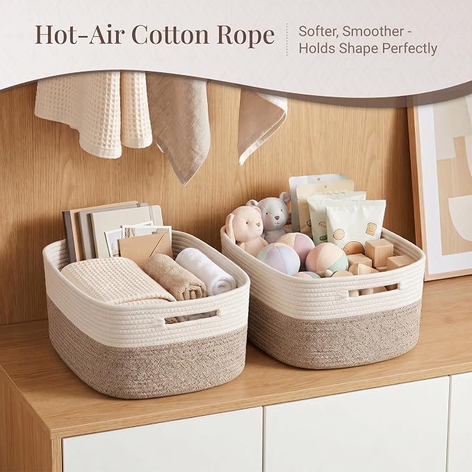 4-Pack Large Woven Rope Storage Baskets, 2 Sizes Organizer Bins | Fabric Cube Boxes and Rectangular Shallow Bins for Closet, Shelf, Bookshelf, Nursery, Changing Table, Bathroom, Toys & Home
