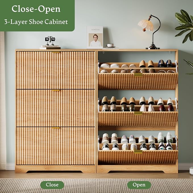 Xixini Shoe Storage Cabinet for Entryway with 3 Flip Drawers, Hidden Slim Wood Shoe Organizer with Modern Fluted Panel, Freestanding Narrow Shoe Rack for Front Door Entrance, Hallway, Foyer, Oak