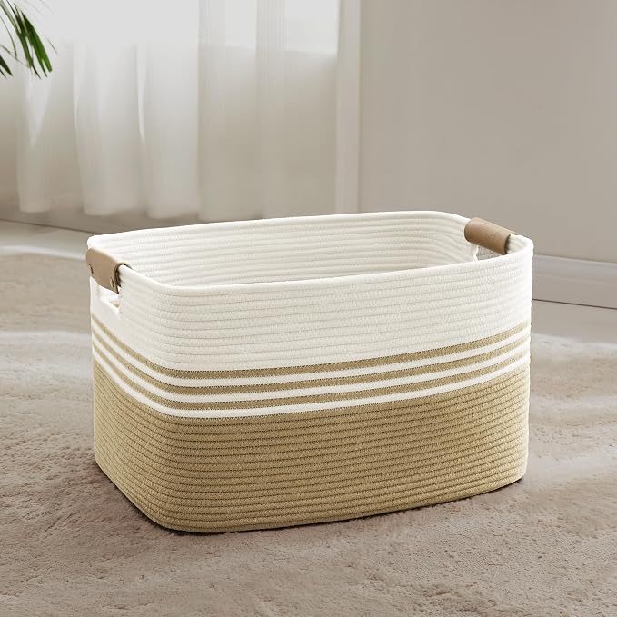 60L Woven Laundry Basket Hamper with Leather Handles,Khaki | 21"x15"x11", collapsible wicker hamper, storage for dirty clothes, toys, blankets, gifts, living room, bedroom, bathroom