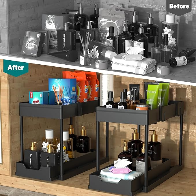 MEAFBIRD 2 Pack Under Sink Organizer, 2 Tier Bathroom Cabinet Organizer with Sliding Basket, Multi-Purpose Under Sink Organizers and Storage for Bathroom Kitchen (Black 2 Pack)