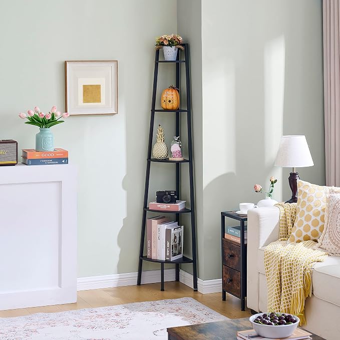 Hoctieon Corner Shelf, 5-Tier Corner Bookshelf, Rustic Ladder Shelf, Industrial Display Stand for Living Room, Kitchen, Home Office, Balcony, Small Space, Metal Frame, Black