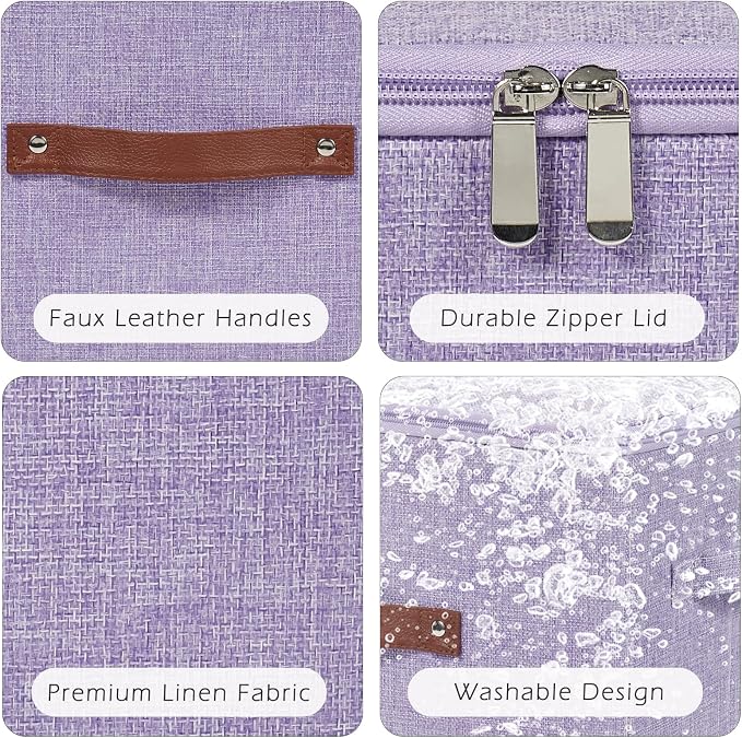 4 Pack Storage Bins with Zipper Lid Cotton Linen Fabric Lidded Storage Baskets Boxes Foldable Washable Closet Shelf Clothes Organizer Container with PU Leather Handles (Purple, Large)