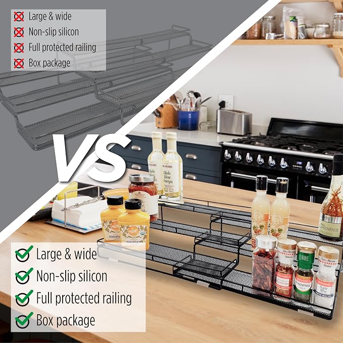 3 Tier Wide Expandable Cabinet Spice Rack Organizer (14.5" to 29.1") - Step Shelf with Protection Railing, Black | Wide, deep expandable spice rack for large spice jars, seasoning bottles, cans, and pantry organization.