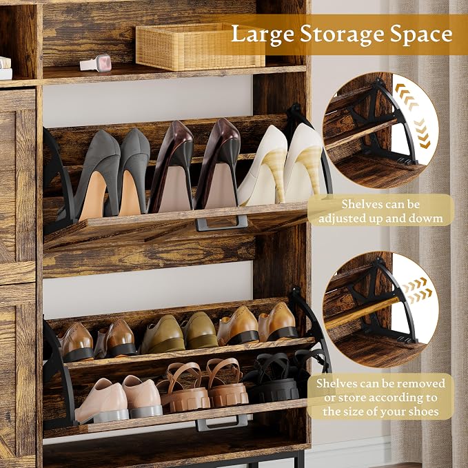 Wodeer Shoe Cabinet Storage for Entryway, Shoe Storage Cabinet with 4 Flip Drawers, Freestanding Narrow Shoe Rack Organizer with Metal Legs, Adjustable Shelves & Open Storage for Foyer, Hallway, Brown