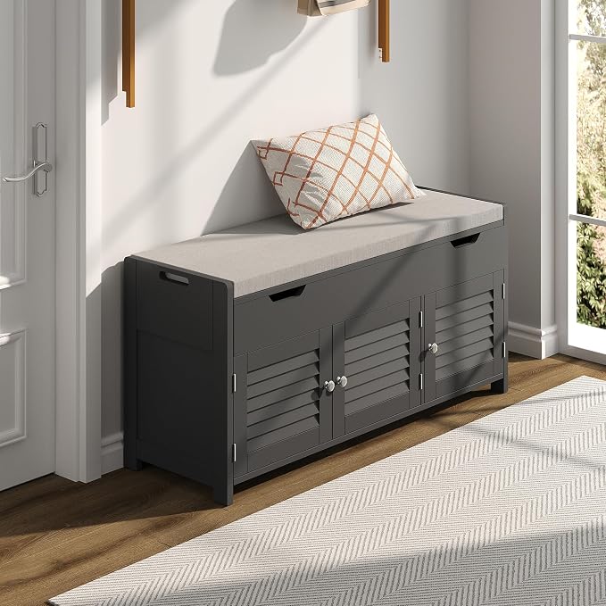 ChooChoo Shoe Storage Bench with Lift Top Storage & Cushioned Seats | 41.3" Entryway Bench with 3 Compartments & Adjustable Shelf, for Entryway, Black