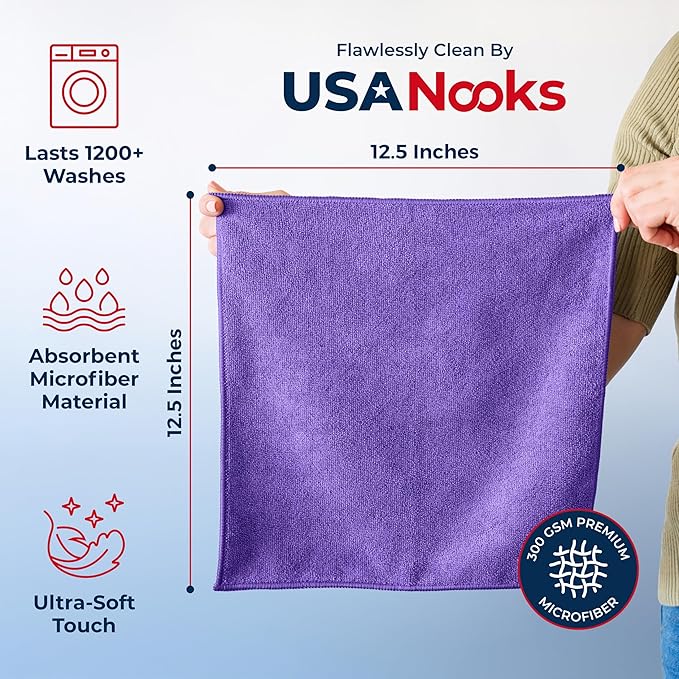 USANOOKS Premium 300GSM Microfiber Cleaning Cloth - 12.5"x12.5" High Performance - 1200 Washes, Ultra Absorbent Microfiber Towels for Cars Undercarriage, Rims & Engine Bay Cleaning - Microfiber Cloth