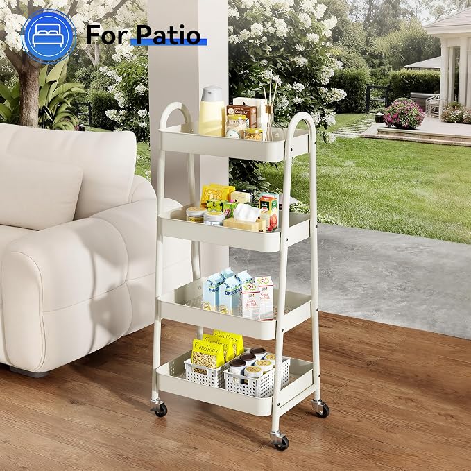 NEWBULIG 4-Tier Metal Rolling Storage Cart, Heavy Duty Mobile Utility Organizer Shelf with Lockable Wheels, Multifunctional Trolley for Daily Supplies, Home Indoor Daily Use, White
