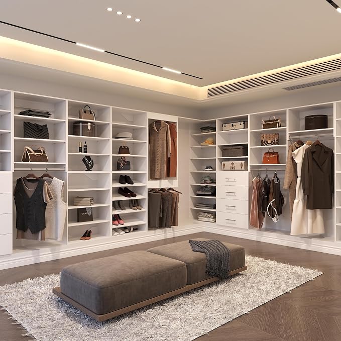 Modular Closet System, 66" Wide Closet Organizer System with Hanging and Drawers, Wood Tower Closet Storage for Walk In Closets, Wall Mounted Wardrobe Organizer Kit System, Bedroom, White